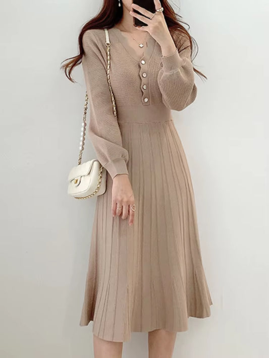 One Piece Korean Pleated Dress 2022 New Autumn Long Sleeve Slim Woman Sweater Dresses Knitted Vintage Elegant Midi Party Dress